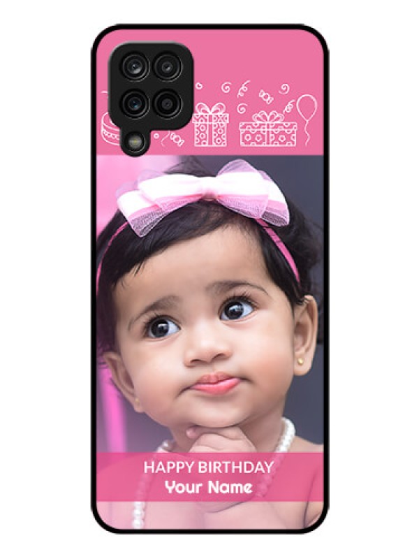 Custom Galaxy F12 Photo Printing on Glass Case - with Birthday Line Art Design