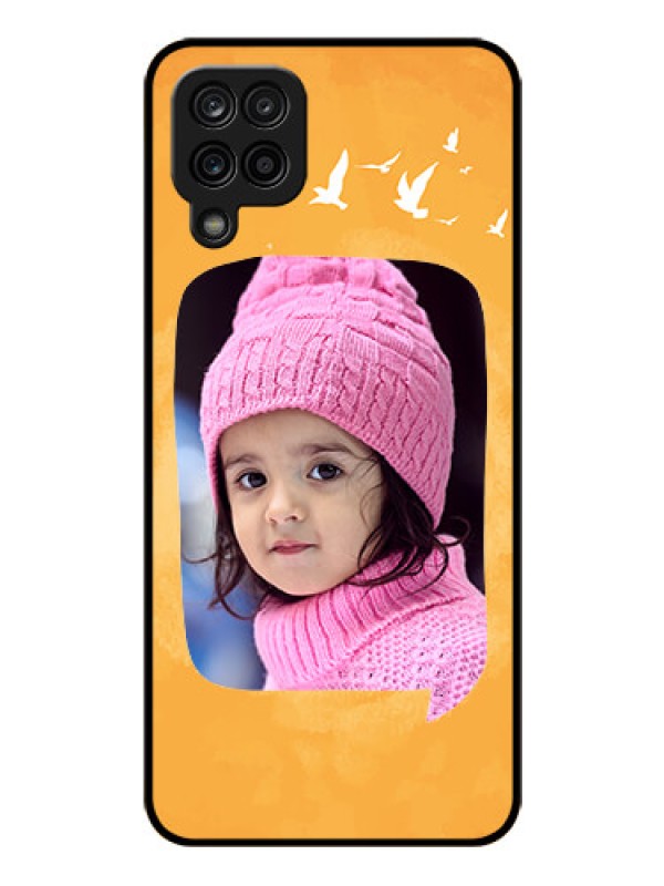 Custom Galaxy F12 Personalized Glass Phone Case - Water Color Design with Bird Icons