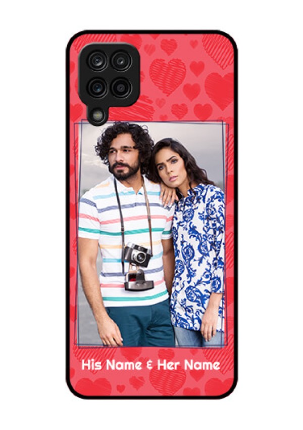 Galaxy F12 Photo Printing on Glass Case - with Red Heart Symbols Design