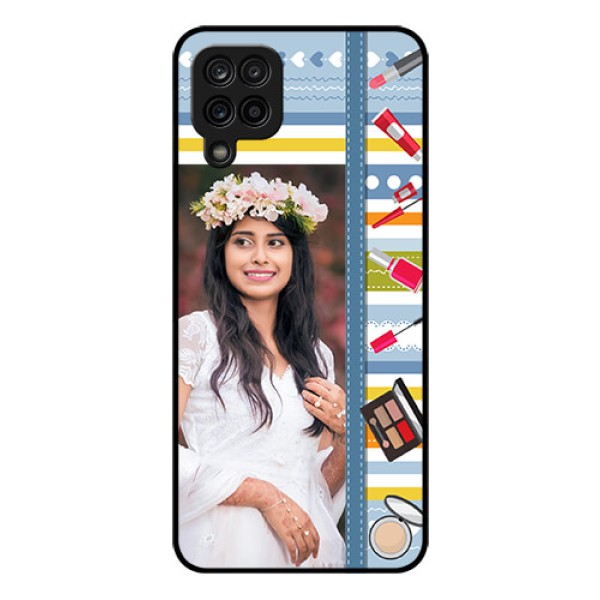 Galaxy F12 Personalized Glass Phone Case - Makeup Icons Design