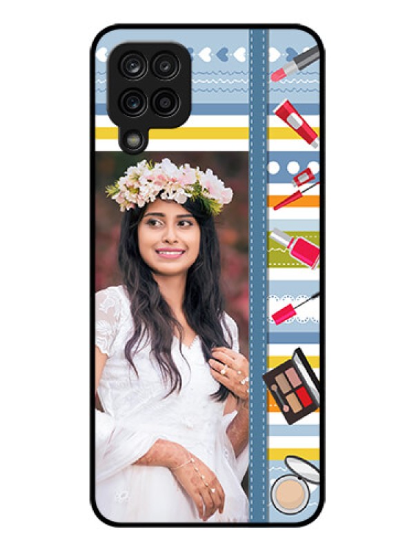 Custom Galaxy F12 Personalized Glass Phone Case - Makeup Icons Design