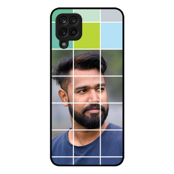 Galaxy F12 Photo Printing on Glass Case - with white box pattern 