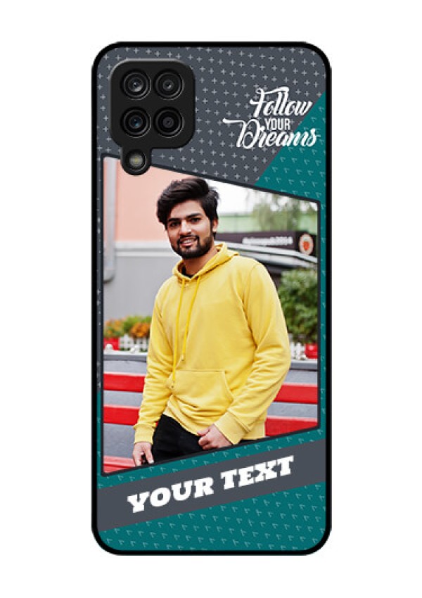Galaxy F12 Personalized Glass Phone Case - Background Pattern Design with Quote