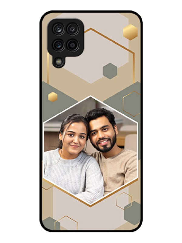Custom Galaxy F12 Photo Printing on Glass Case - Stylish Hexagon Pattern Design