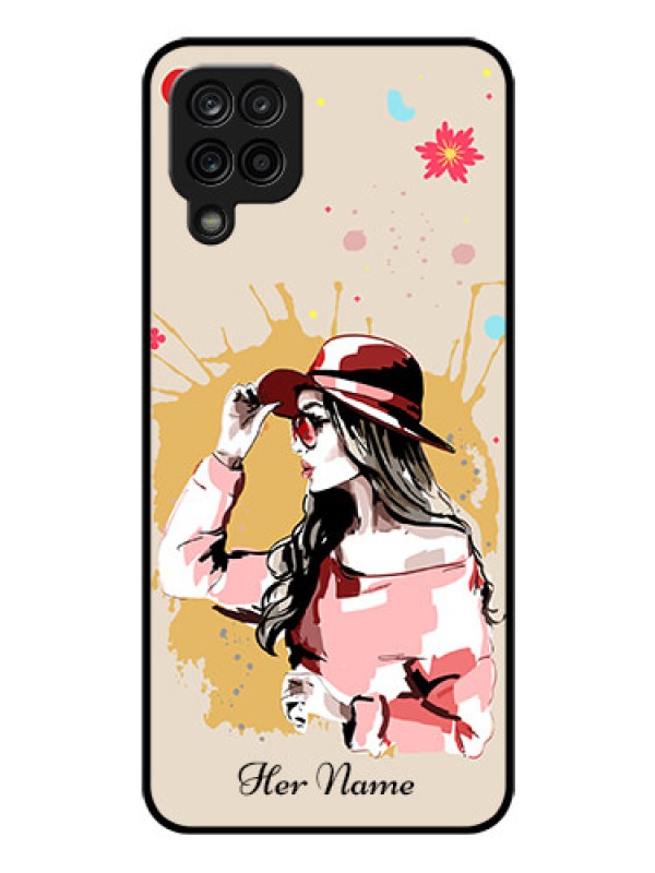 Custom Galaxy F12 Photo Printing on Glass Case - Women with pink hat Design