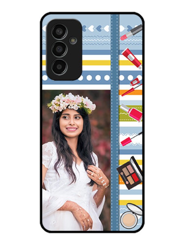 Custom Galaxy F13 Personalized Glass Phone Case - Makeup Icons Design