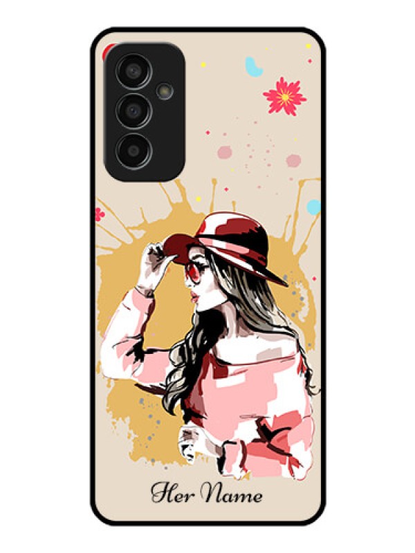 Custom Galaxy F13 Photo Printing on Glass Case - Women with pink hat Design