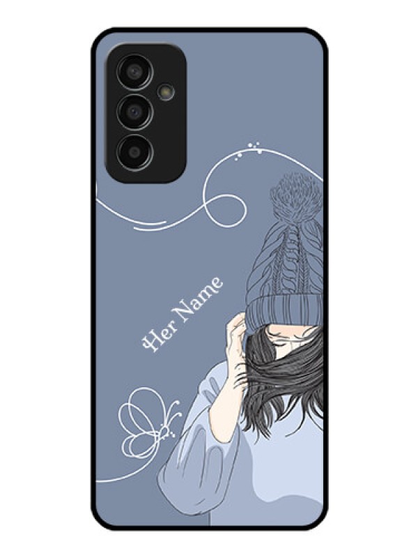 Custom Galaxy F13 Custom Glass Mobile Case - Girl in winter outfit Design