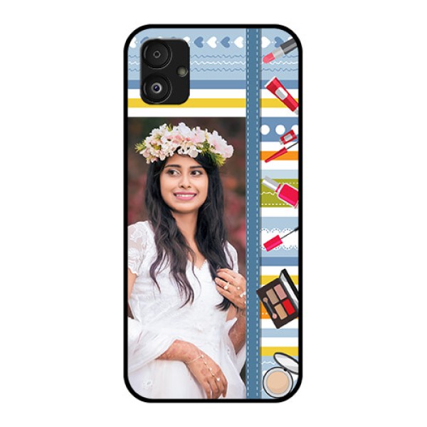 Samsung Galaxy F14 5G Personalized Glass Phone Case - Makeup Icons Design Samsung Galaxy F14 5G Personalized Glass Phone Case - Makeup Icons Design