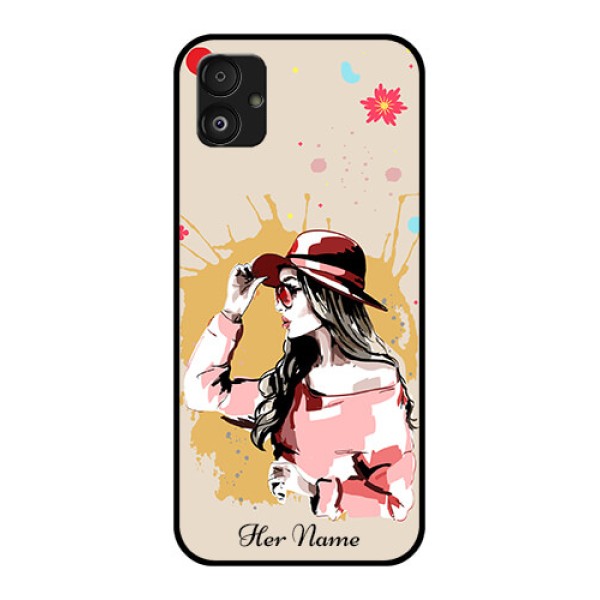 Samsung Galaxy F14 5G Photo Printing on Glass Case - Women with pink hat Design Samsung Galaxy F14 5G Photo Printing on Glass Case - Women with pink hat Design