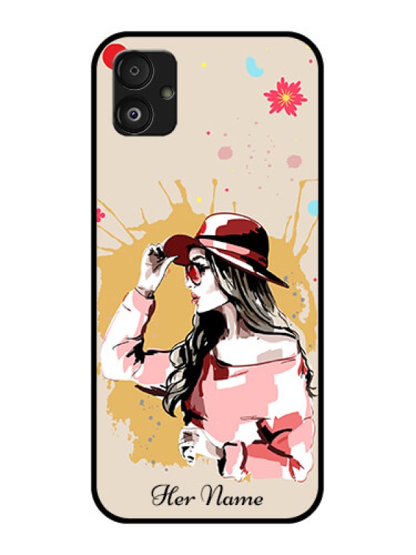 Custom Samsung Galaxy F14 5G Photo Printing on Glass Case - Women with pink hat Design