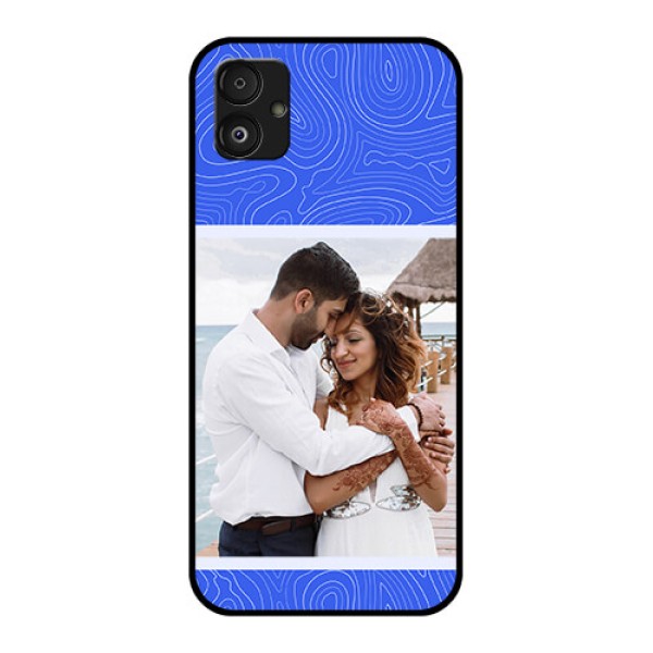 Samsung Galaxy F14 5G Custom Glass Mobile Case - Curved line art with blue and white Design Samsung Galaxy F14 5G Custom Glass Mobile Case - Curved line art with blue and white Design