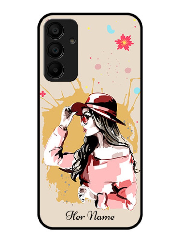 Custom Galaxy F15 5G Custom Glass Phone Case - Women With Pink Hat Design