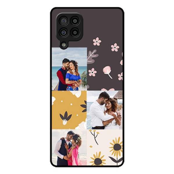 Galaxy F22 Photo Printing on Glass Case - 3 Images with Floral Design Galaxy F22 Photo Printing on Glass Case - 3 Images with Floral Design