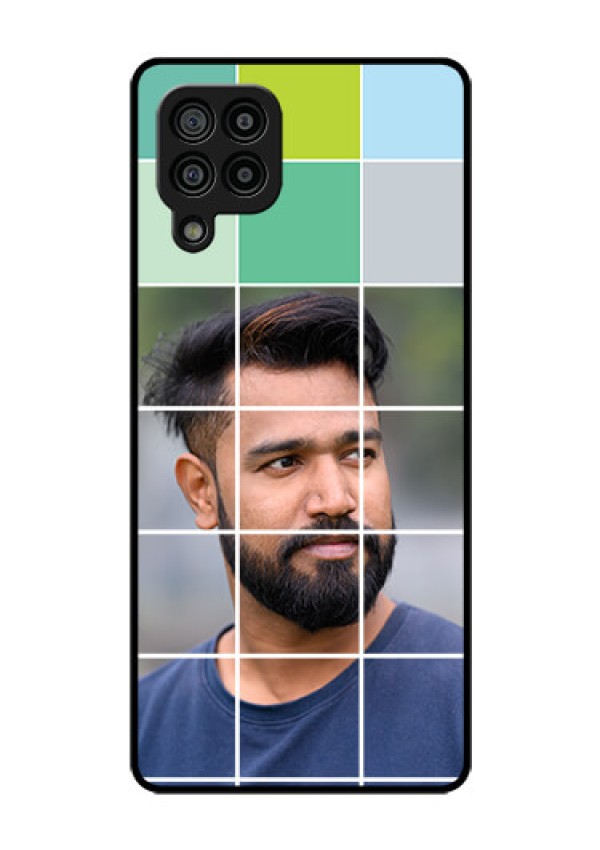 Galaxy F22 Photo Printing on Glass Case  - with white box pattern 