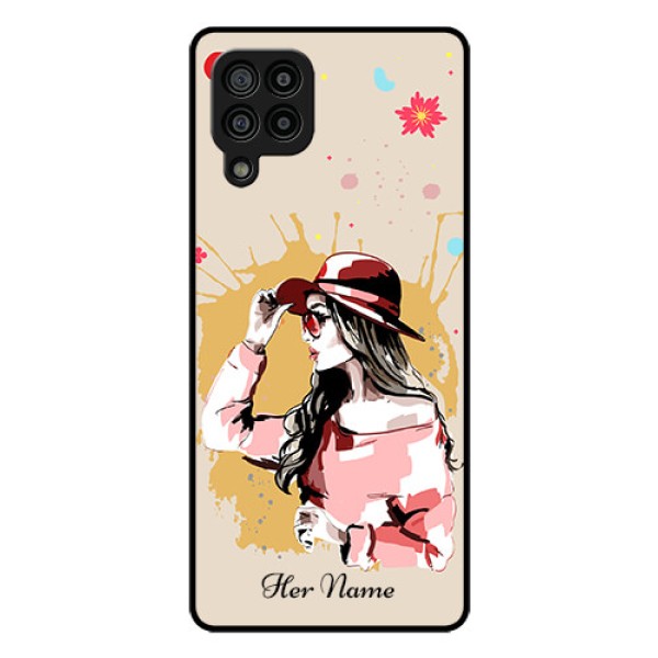 Galaxy F22 Photo Printing on Glass Case - Women with pink hat Design Galaxy F22 Photo Printing on Glass Case - Women with pink hat Design