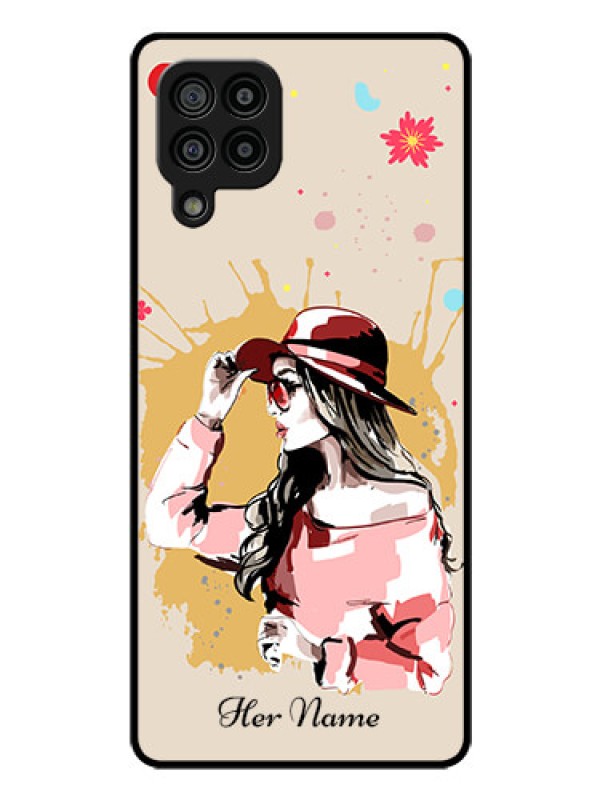 Custom Galaxy F22 Photo Printing on Glass Case - Women with pink hat Design