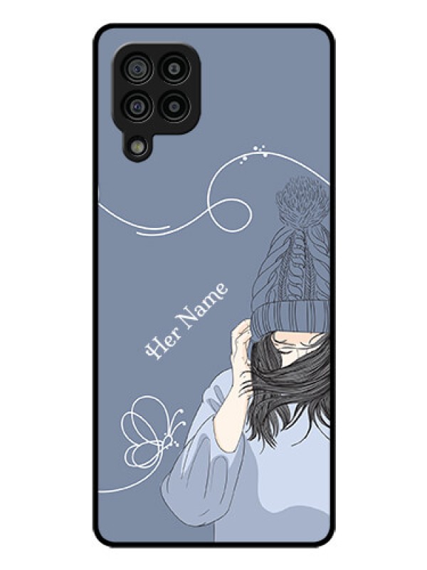 Custom Galaxy F22 Custom Glass Mobile Case - Girl in winter outfit Design