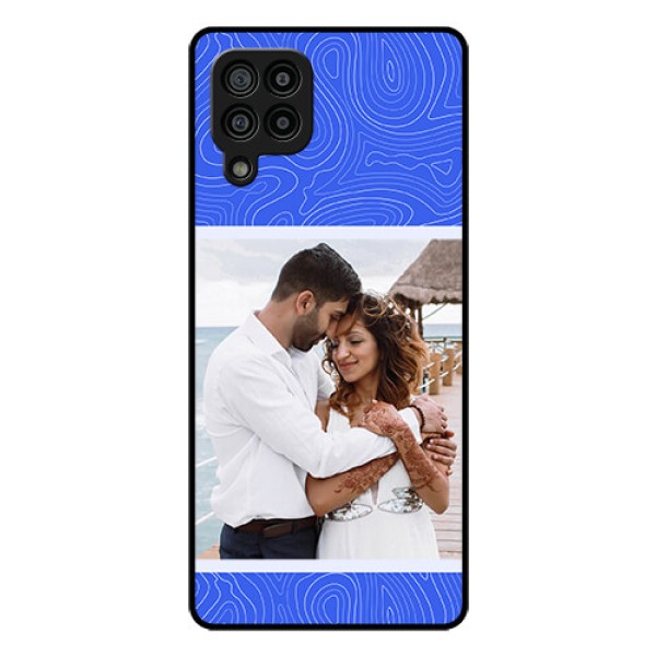 Galaxy F22 Custom Glass Mobile Case - Curved line art with blue and white Design Galaxy F22 Custom Glass Mobile Case - Curved line art with blue and white Design