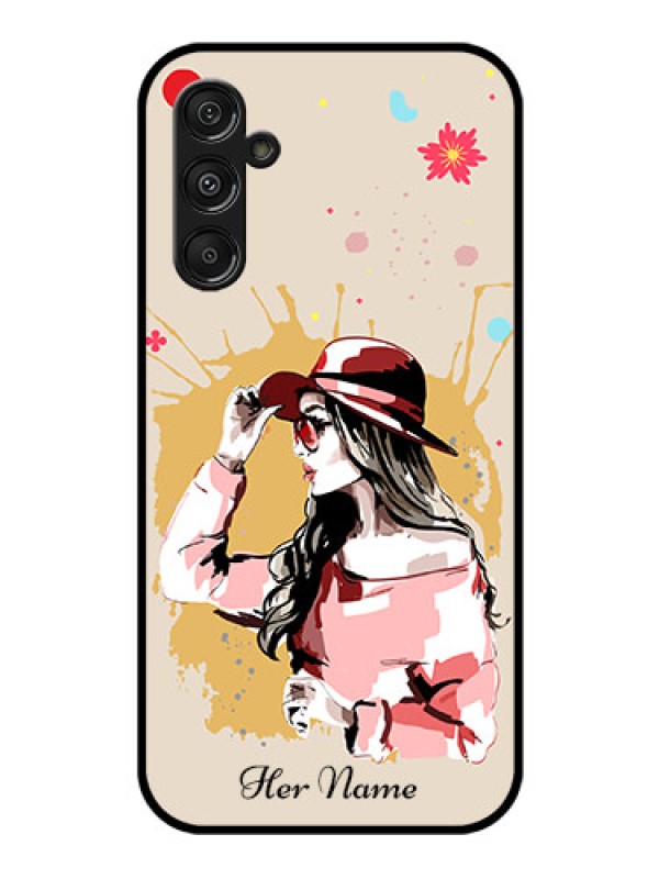 Custom Galaxy F34 5G Custom Glass Phone Case - Women With Pink Hat Design