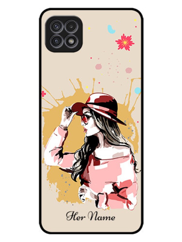 Custom Galaxy F42 5G Photo Printing on Glass Case - Women with pink hat Design