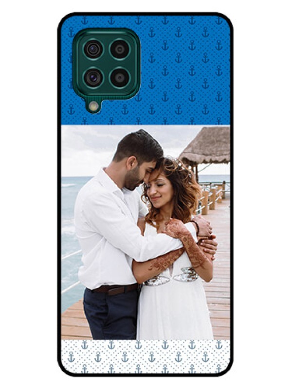 Custom Galaxy F62 Photo Printing on Glass Case - Blue Anchors Design