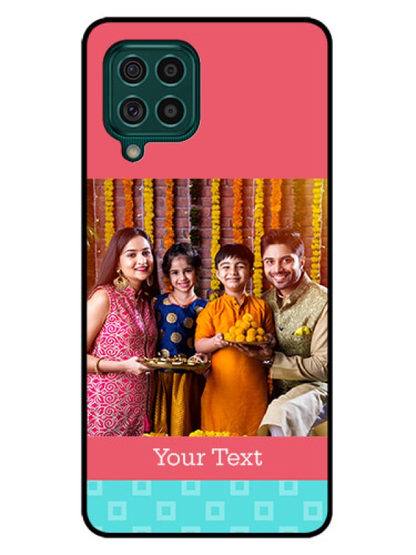 Custom Galaxy F62 Personalized Glass Phone Case - Peach & Blue Color Design