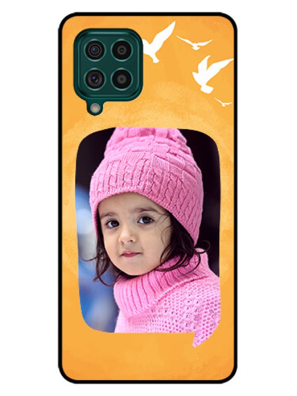 Custom Galaxy F62 Personalized Glass Phone Case - Water Color Design with Bird Icons