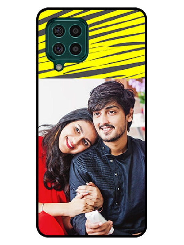Custom Galaxy F62 Photo Printing on Glass Case - Yellow Abstract Design