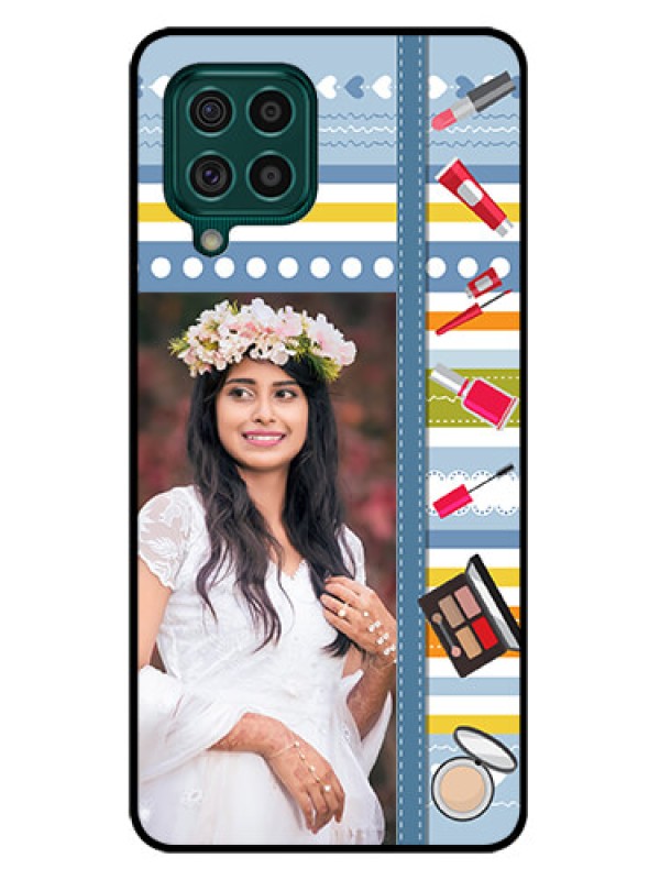 Custom Galaxy F62 Personalized Glass Phone Case - Makeup Icons Design