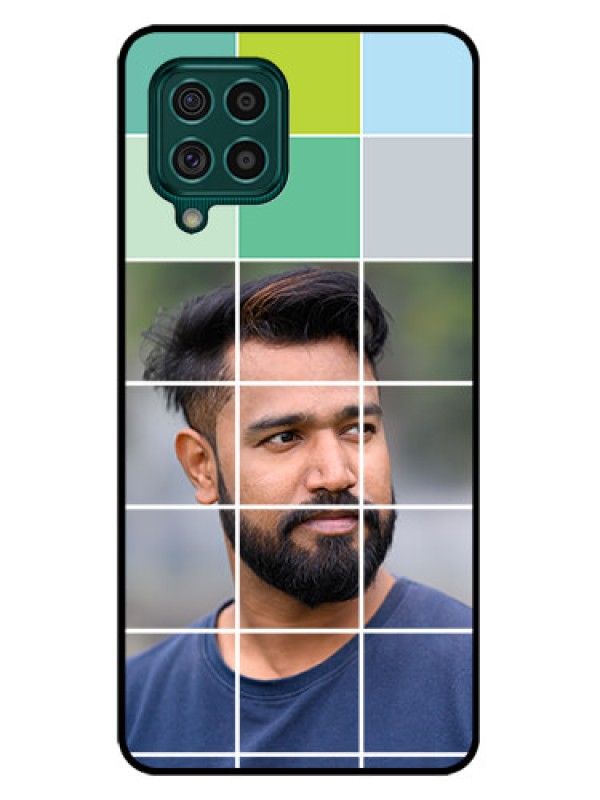 Custom Galaxy F62 Photo Printing on Glass Case - with white box pattern 