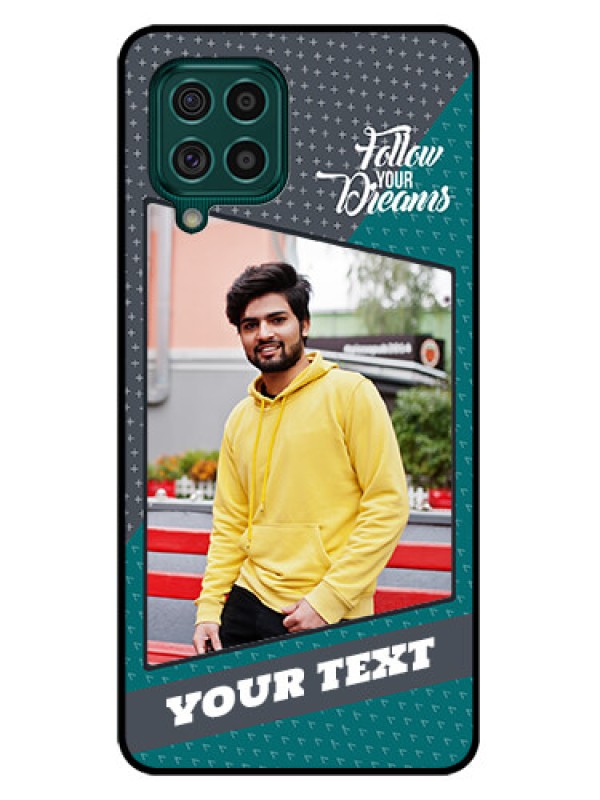 Custom Galaxy F62 Personalized Glass Phone Case - Background Pattern Design with Quote
