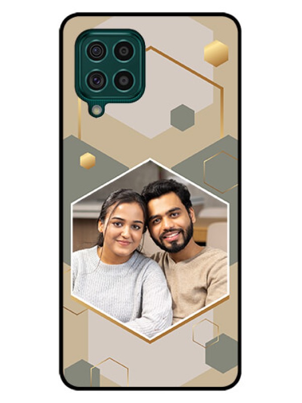 Custom Galaxy F62 Photo Printing on Glass Case - Stylish Hexagon Pattern Design
