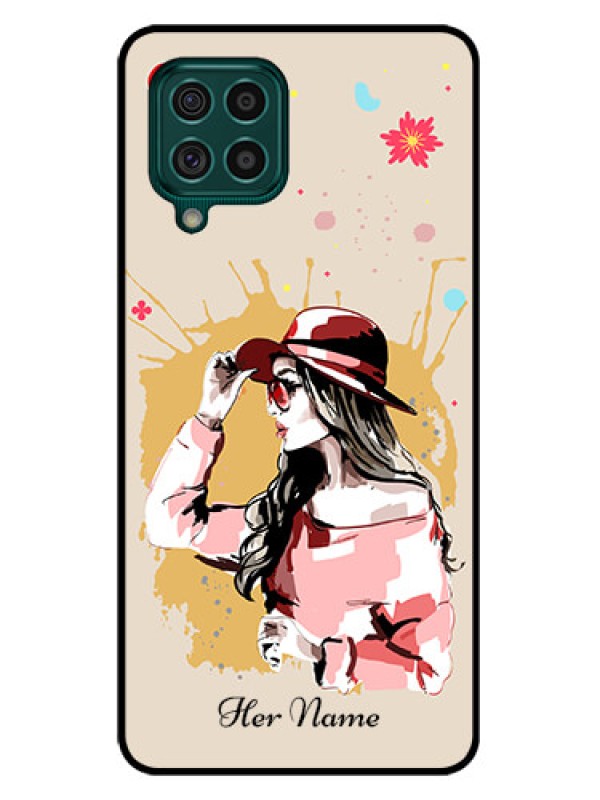 Custom Galaxy F62 Photo Printing on Glass Case - Women with pink hat Design