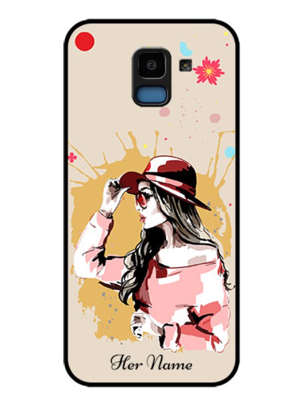 Custom Samsung Galaxy J6 Custom Glass Phone Case - Women With Pink Hat Design