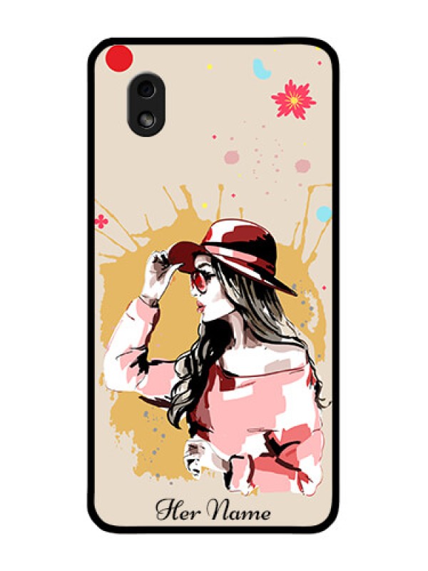 Custom Galaxy M01 Core Photo Printing on Glass Case - Women with pink hat Design