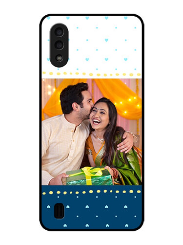 Custom Galaxy M01 Personalized Glass Phone Case - White and Blue Abstract Design