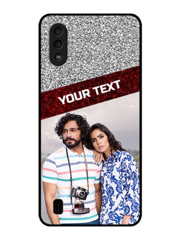 Custom Galaxy M01 Personalized Glass Phone Case - Image Holder with Glitter Strip Design