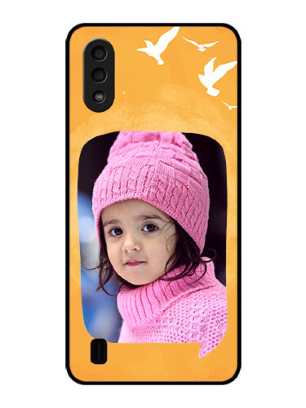 Custom Galaxy M01 Personalized Glass Phone Case - Water Color Design with Bird Icons