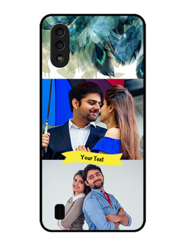 Custom Galaxy M01 Personalized Glass Phone Case - Image with Boho Peacock Feather Design