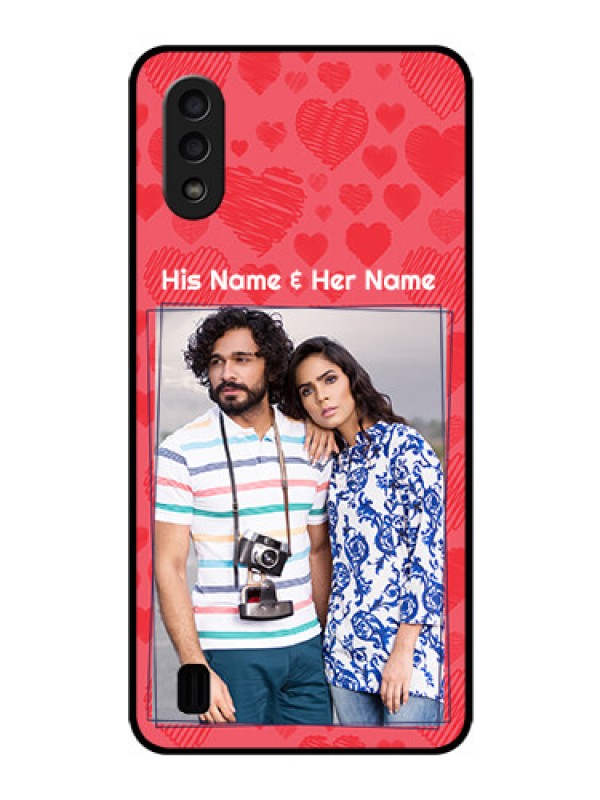 Custom Galaxy M01 Photo Printing on Glass Case - with Red Heart Symbols Design