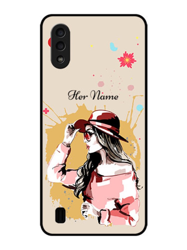 Custom Galaxy M01 Photo Printing on Glass Case - Women with pink hat Design