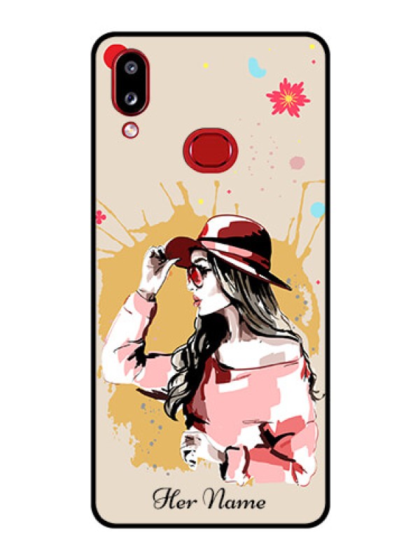 Custom Galaxy M01s Photo Printing on Glass Case - Women with pink hat Design