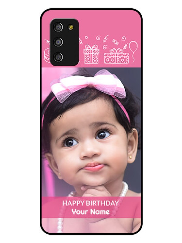 Custom Galaxy M02s Photo Printing on Glass Case  - with Birthday Line Art Design