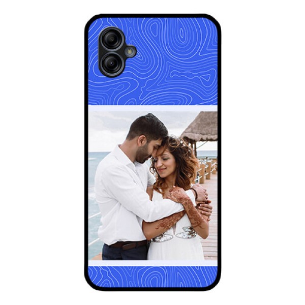 Galaxy M04 Custom Glass Mobile Case - Curved line art with blue and white Design Galaxy M04 Custom Glass Mobile Case - Curved line art with blue and white Design