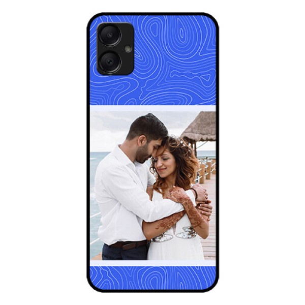 Galaxy M05 Custom Glass Phone Case - Curved Line Art With Blue And White Design Galaxy M05 Custom Glass Phone Case - Curved Line Art With Blue And White Design