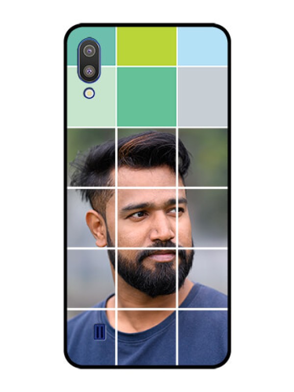 Custom Galaxy M10 Photo Printing on Glass Case - with white box pattern 