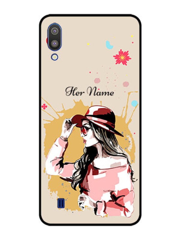 Custom Galaxy M10 Photo Printing on Glass Case - Women with pink hat Design