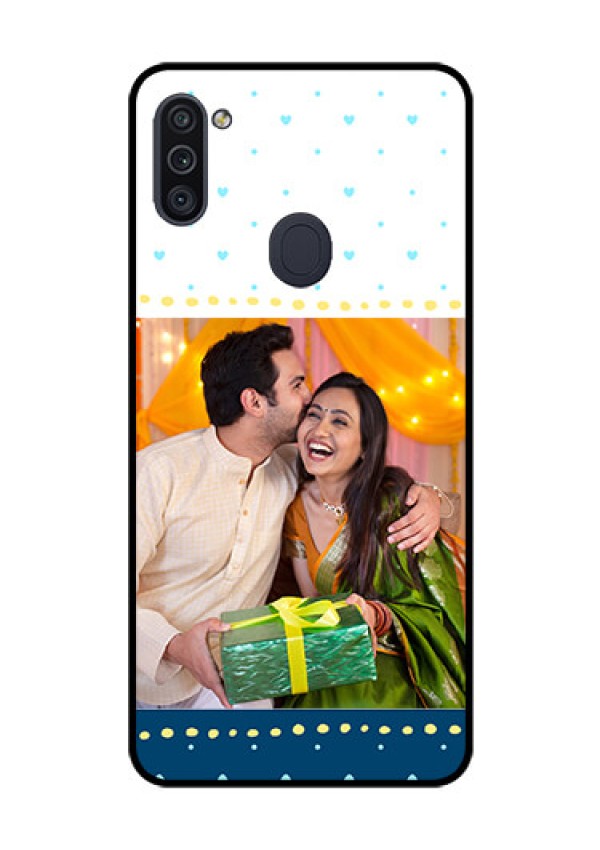 Galaxy M11 Personalized Glass Phone Case - White and Blue Abstract Design