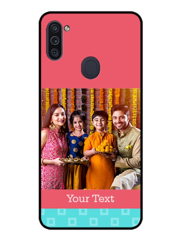 Custom Galaxy M11 Personalized Glass Phone Case - Peach & Blue Color Design